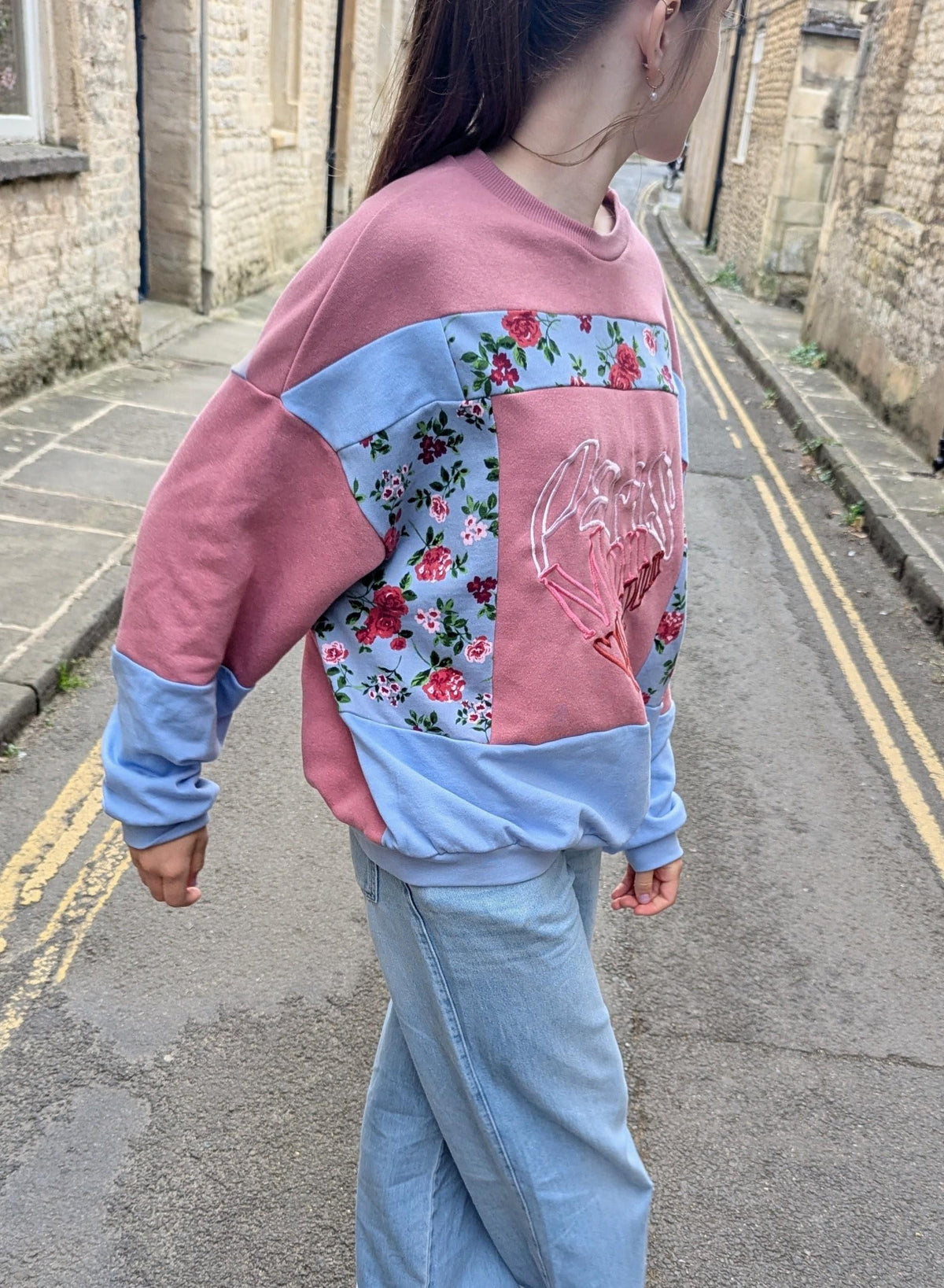 Upcycled Color Block Hoodie, Patchwork Paris Mon Amour Sweatshirt, Eco-Friendly Streetwear