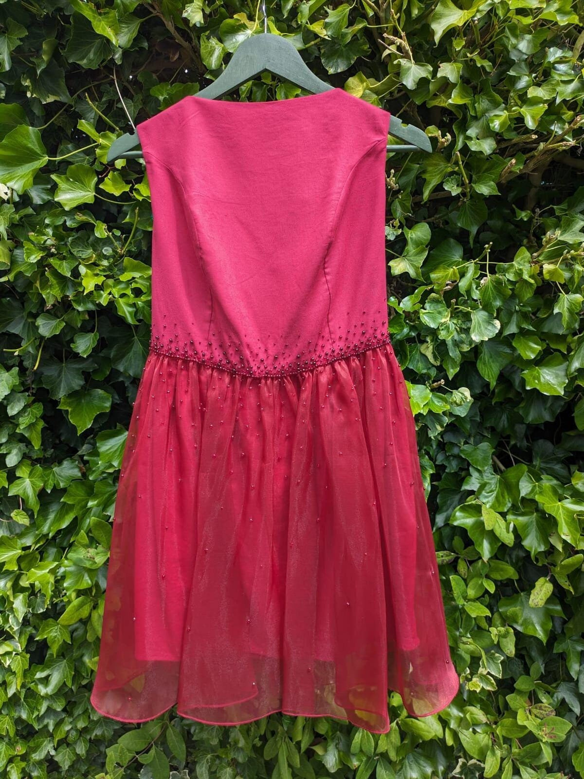 Vine red beaded dress, Romantic above the knee length dress, Unique handmade
