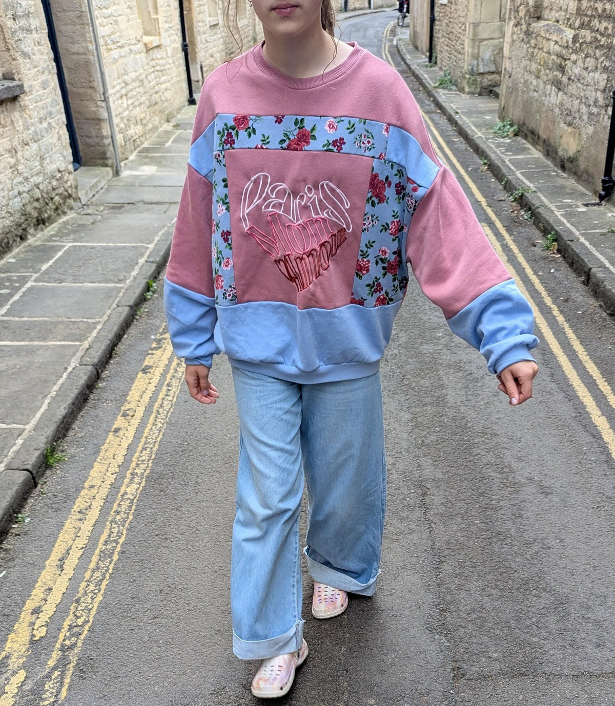 Upcycled Color Block Hoodie, Patchwork Paris Mon Amour Sweatshirt, Eco-Friendly Streetwear