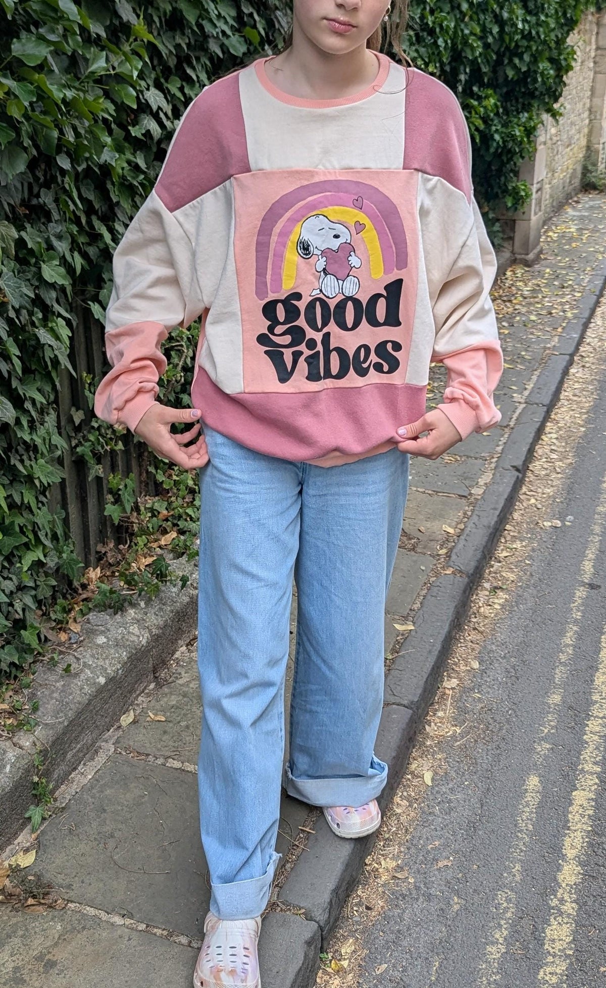 Upcycled Color Block Hoodie, Snoopy Good Vibes Patchwork Pullover