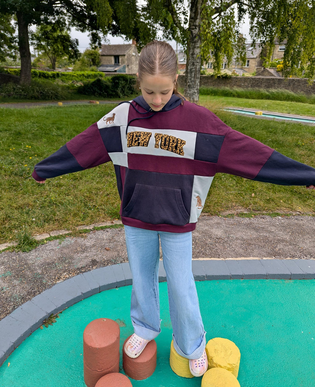 Upcycled Color Block Hoodie, Leopard New York Patchwork Pullover, Eco-Friendly Streetwear