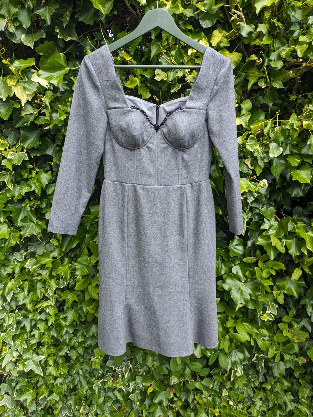 Grey Beaded Cocktail Dress, Fitted Long Sleeve dress