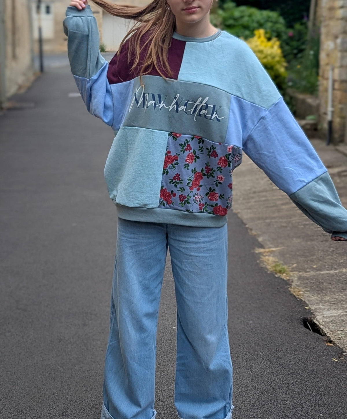 Upcycled Color Block Hoodie, Sustainable Patchwork Sweatshirt, Manhattan Streetwear Pullover
