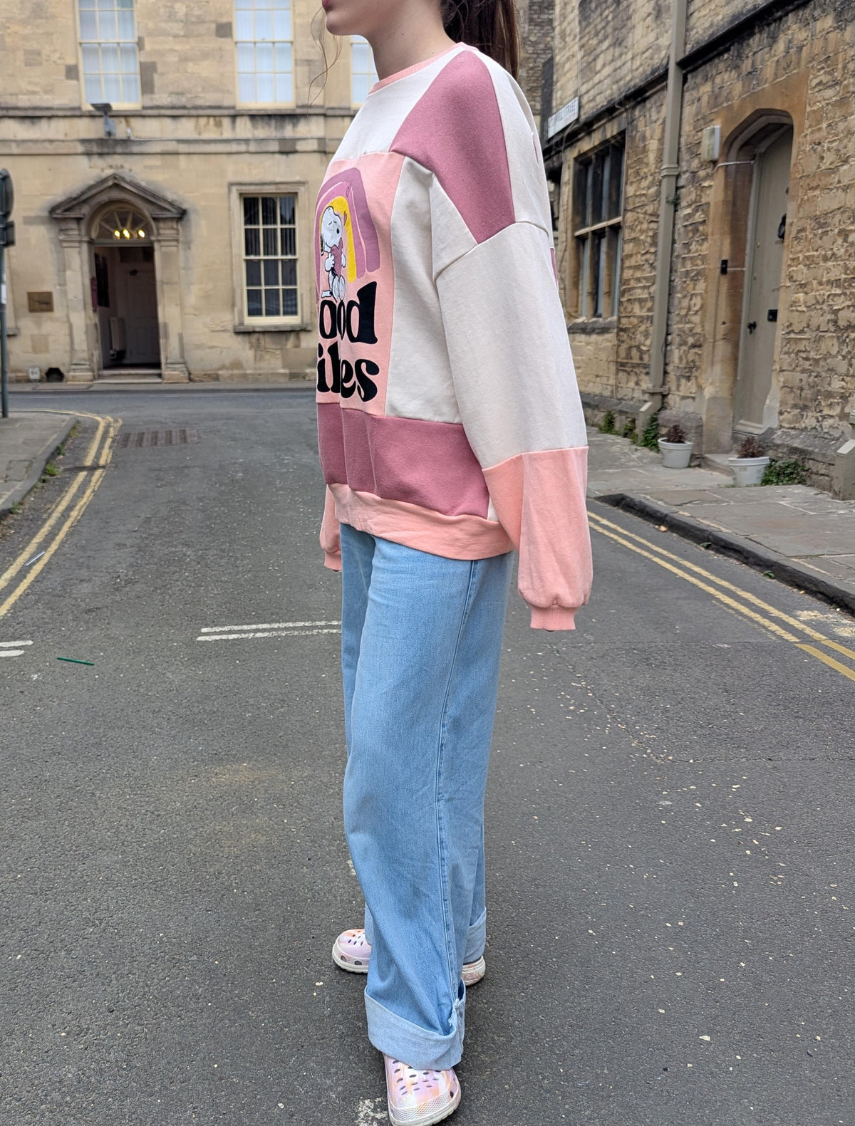 Upcycled Color Block Hoodie, Snoopy Good Vibes Patchwork Pullover