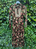 Elegant Dark Floral Midi Dress - Deep cutout back, bowknot tie-back