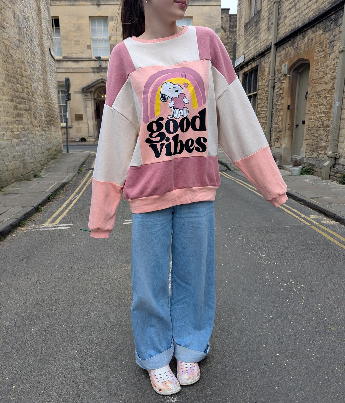 Upcycled Color Block Hoodie, Snoopy Good Vibes Patchwork Pullover