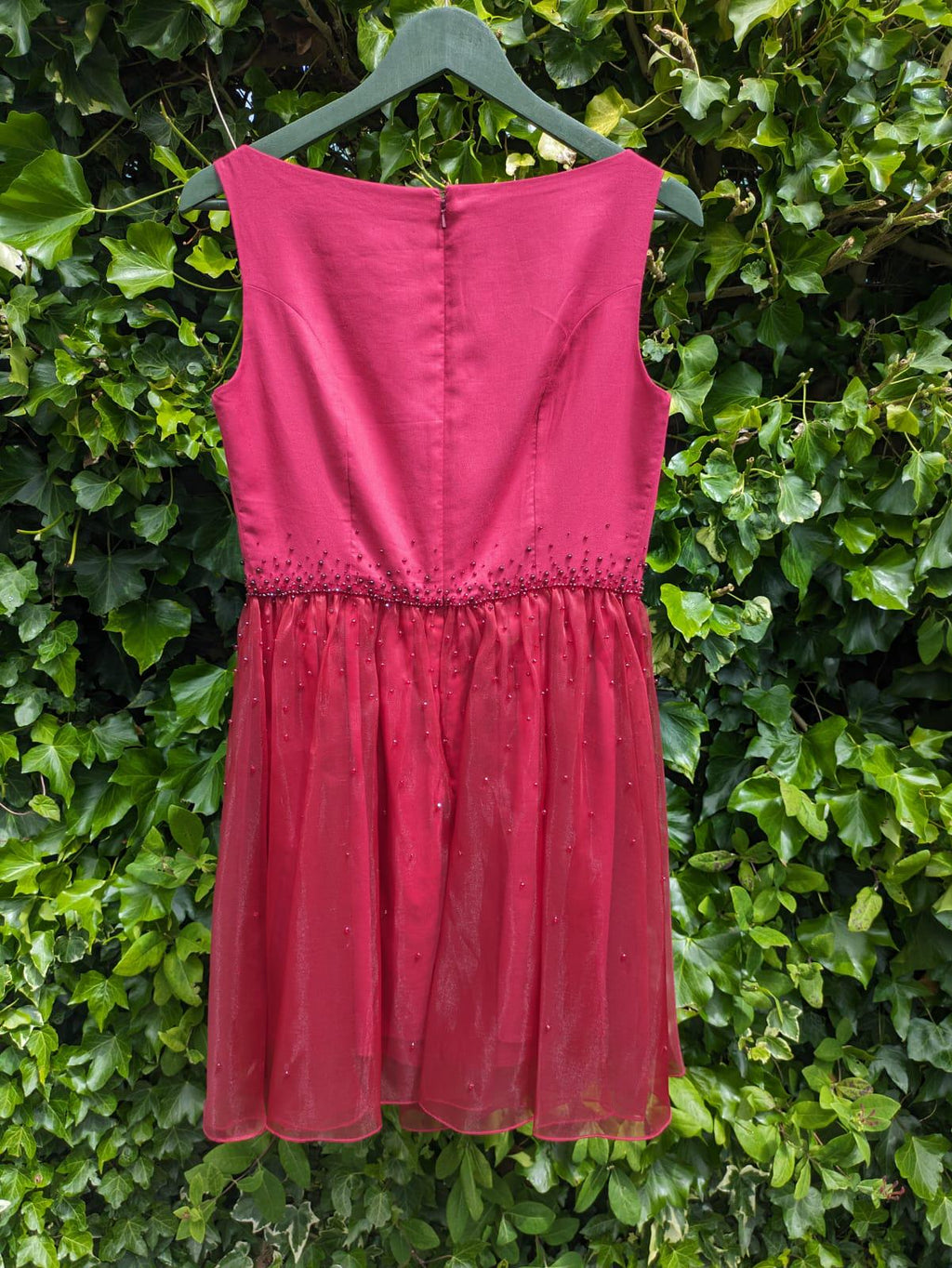 Vine red beaded dress, Romantic above the knee length dress, Unique handmade