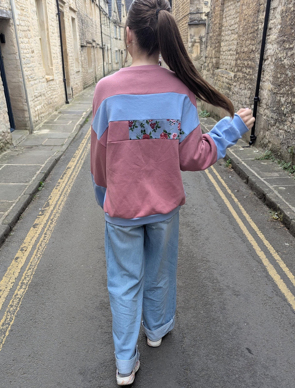 Upcycled Color Block Hoodie, Patchwork Paris Mon Amour Sweatshirt, Eco-Friendly Streetwear