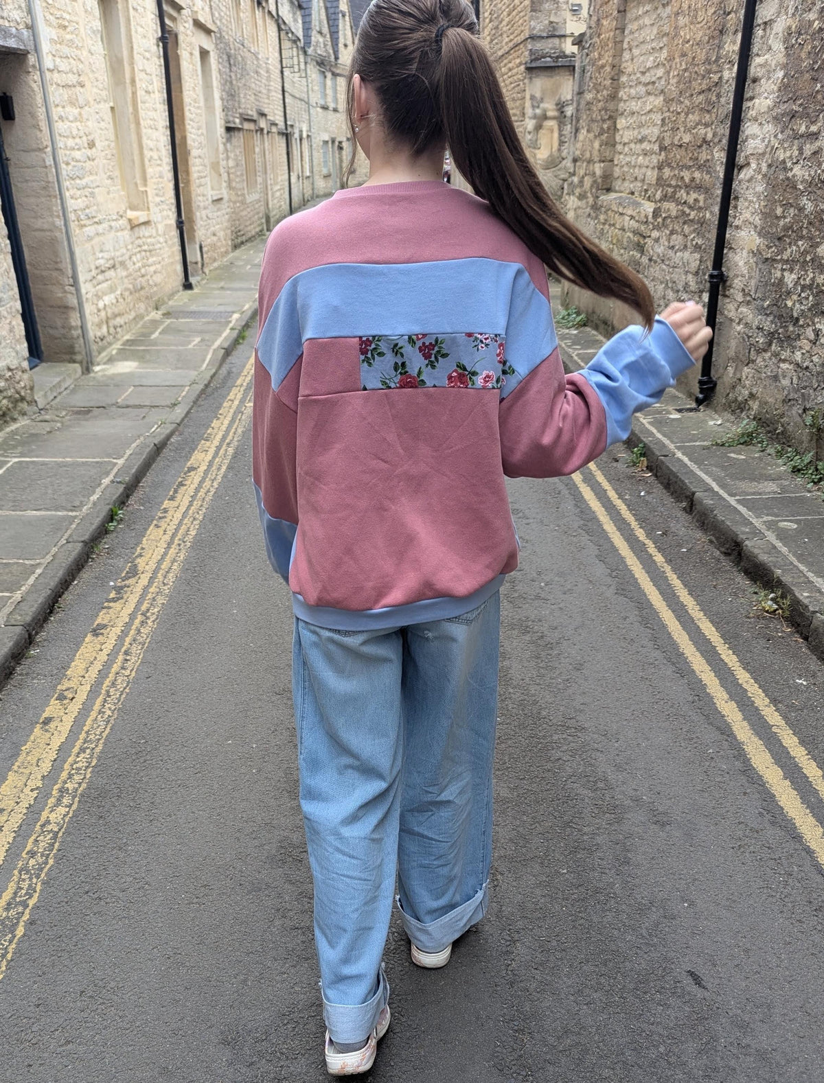 Upcycled Color Block Hoodie, Patchwork Paris Mon Amour Sweatshirt, Eco-Friendly Streetwear