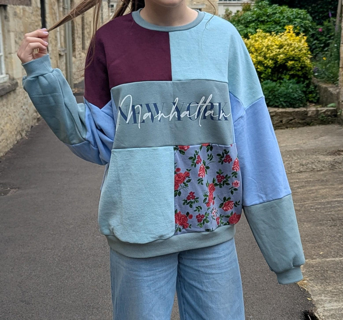 Upcycled Color Block Hoodie, Sustainable Patchwork Sweatshirt, Manhattan Streetwear Pullover