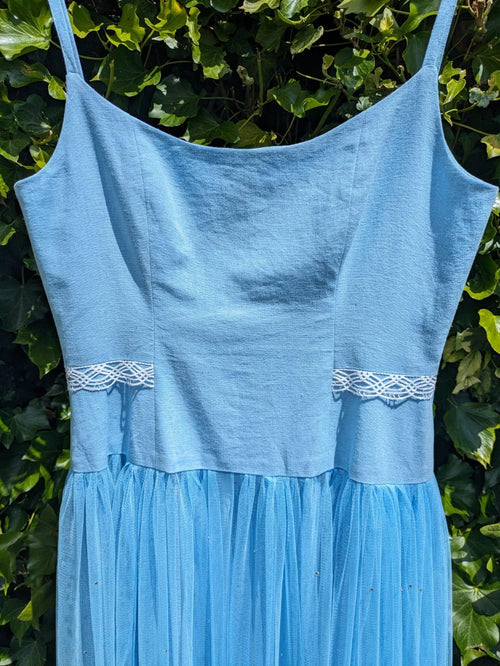Blue Linen Blend Midi Dress: Sleeveless Tulle Lace Summer Outfit