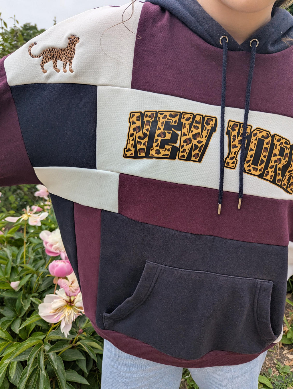 Upcycled Color Block Hoodie, Leopard New York Patchwork Pullover, Eco-Friendly Streetwear