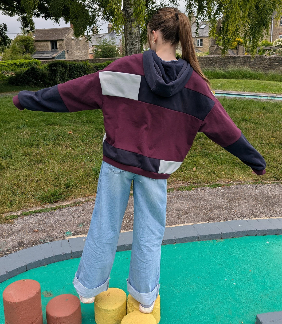 Upcycled Color Block Hoodie, Leopard New York Patchwork Pullover, Eco-Friendly Streetwear